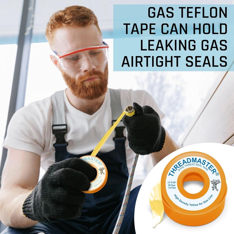 TAPEWELL Yellow Gas Teflon Tape, Pipe Thread Sealant, 260" Length 1/2" Width, for Propane, Natural Gas, & More, Pack of 2 (2) - Image 3